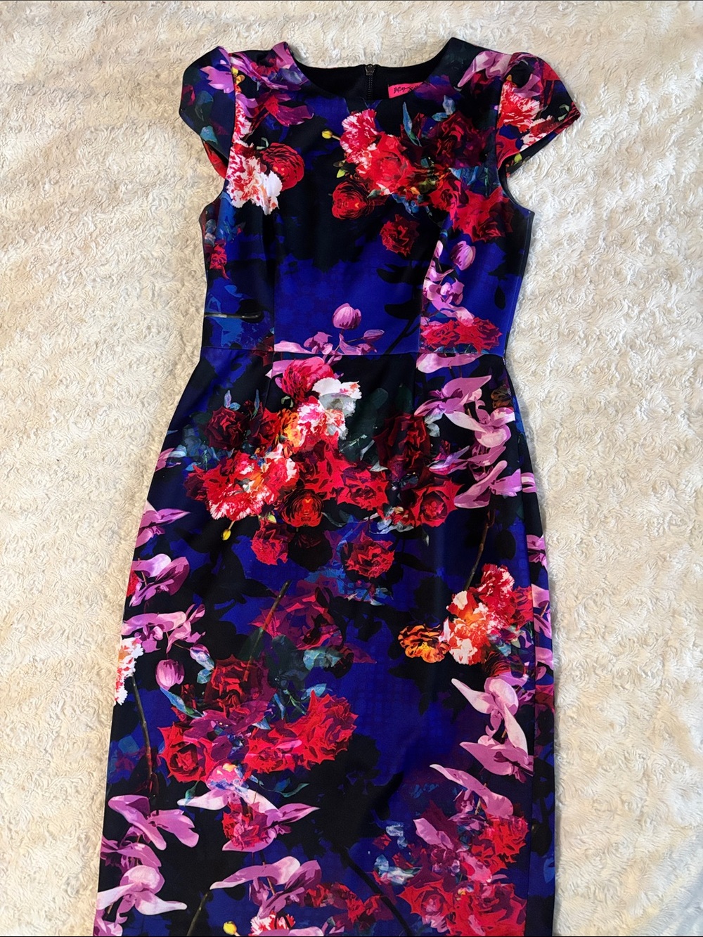 Betsey Johnson Navy Floral Cap-Sleeve Pencil Dress with Black Exposed Zipper